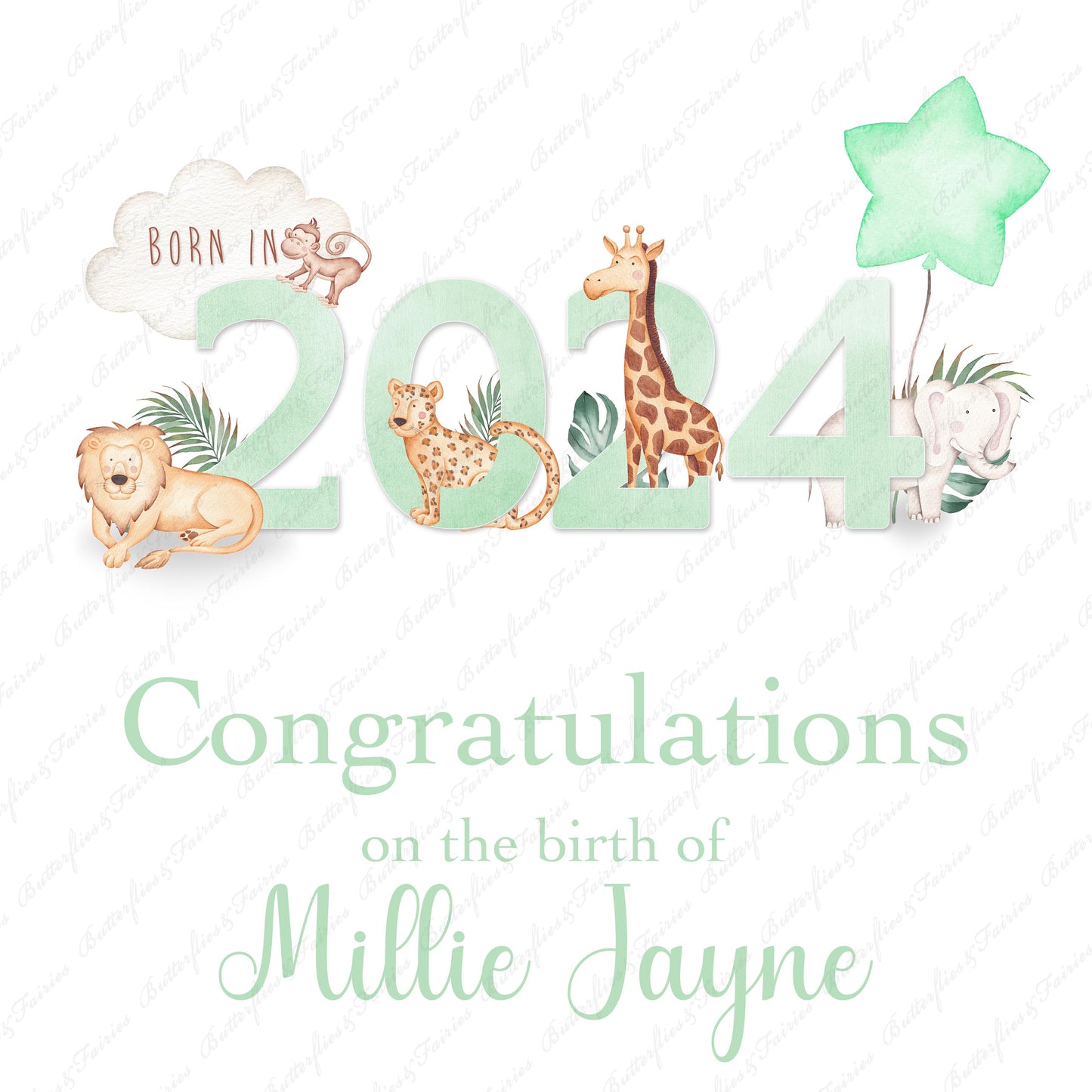 Personalised  New Baby Girl or Boy Birth Card - Born in 2024 Zoo Animals New Baby Card