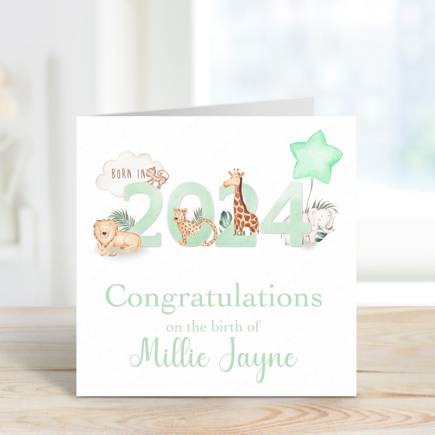 Personalised  New Baby Girl or Boy Birth Card - Born in 2024 Zoo Animals New Baby Card