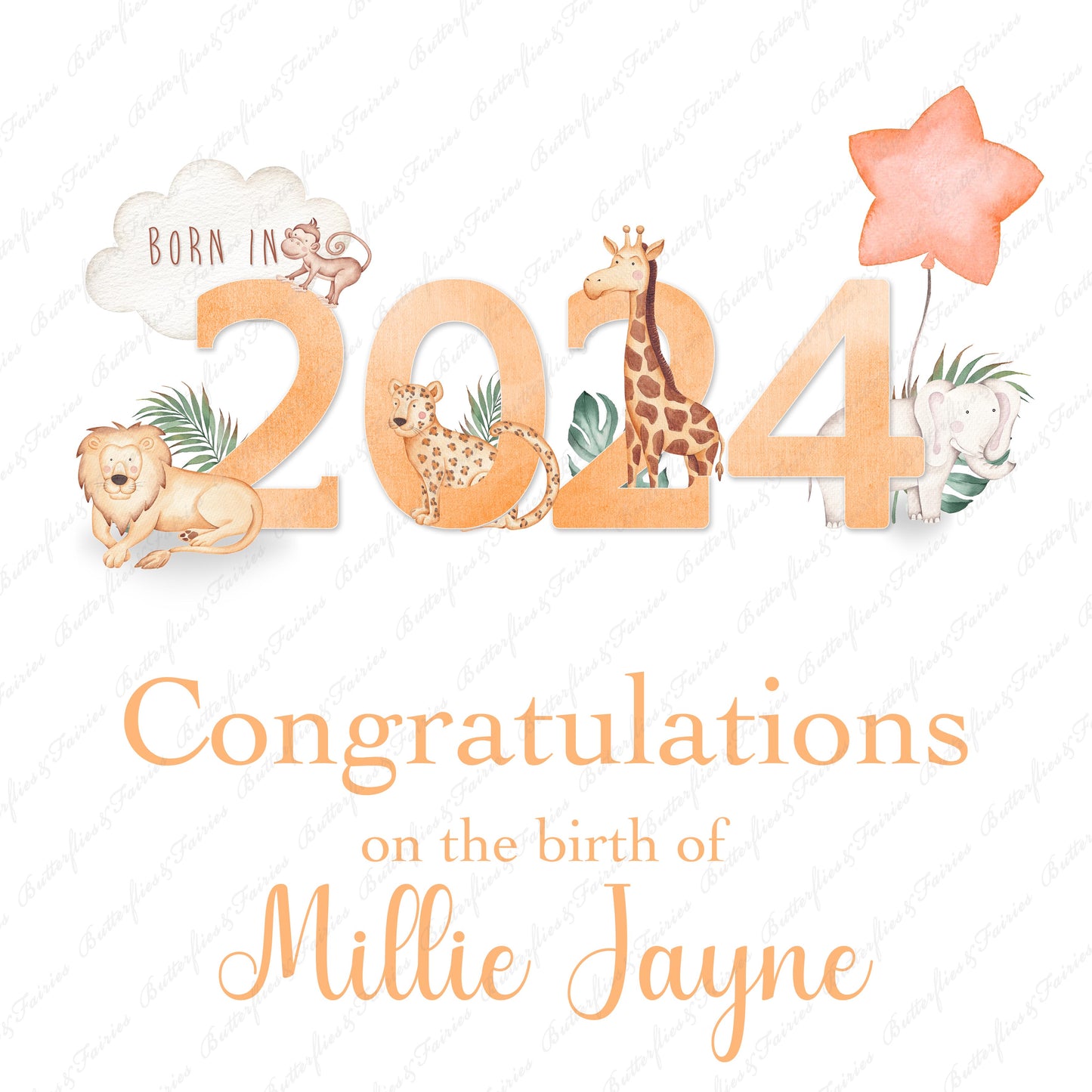 Personalised  New Baby Girl or Boy Birth Card - Born in 2024 Zoo Animals New Baby Card