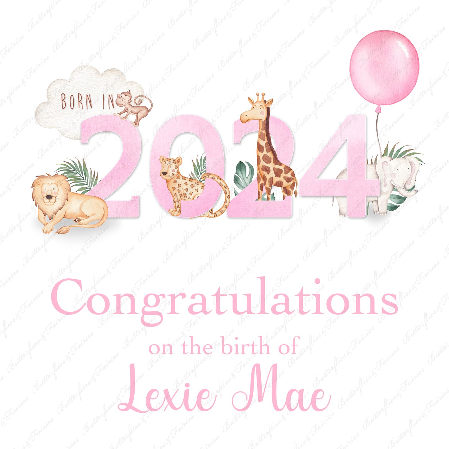 Personalised Pink New Baby Girl or Boy Birth Card - Born in 2024 Zoo Animals New Baby Card