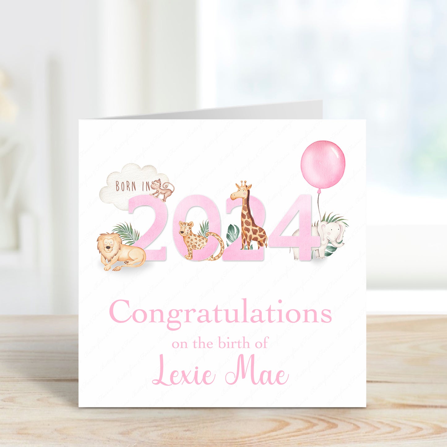 Personalised Pink New Baby Girl or Boy Birth Card - Born in 2024 Zoo Animals New Baby Card