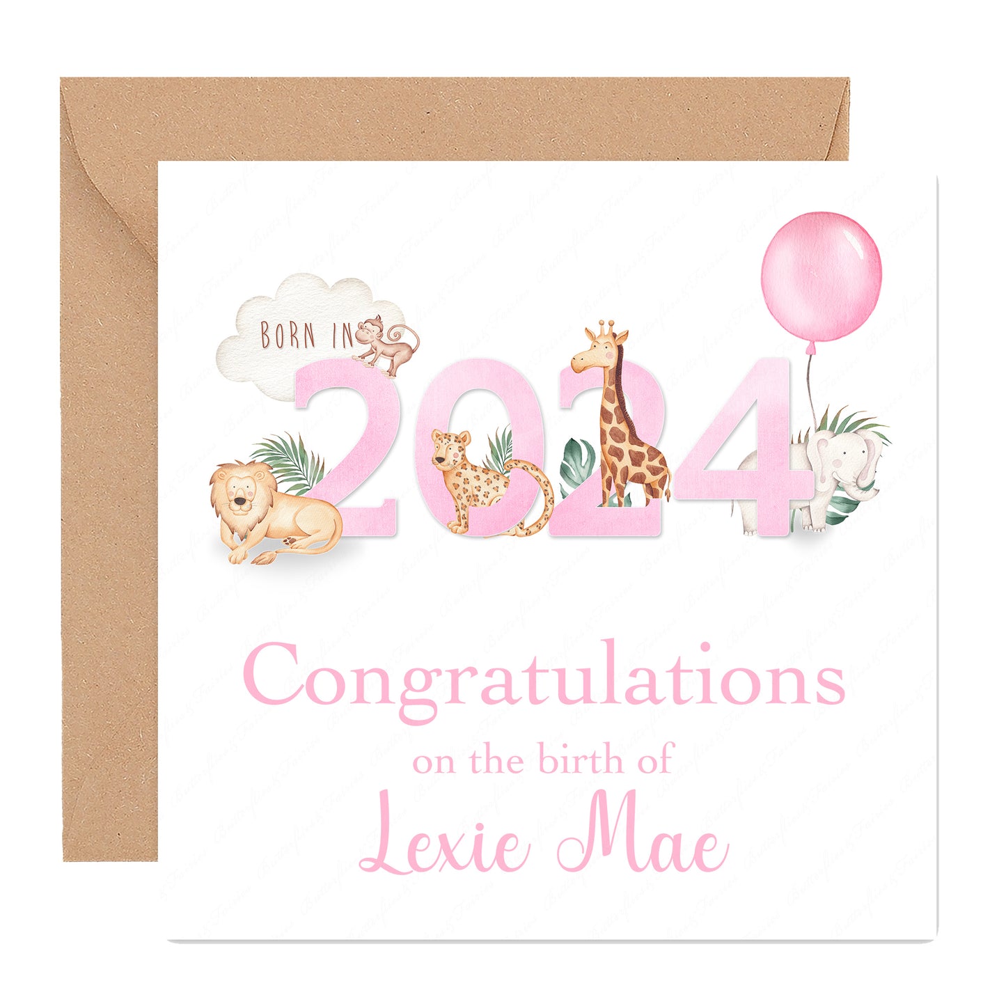 Personalised Pink New Baby Girl or Boy Birth Card - Born in 2024 Zoo Animals New Baby Card
