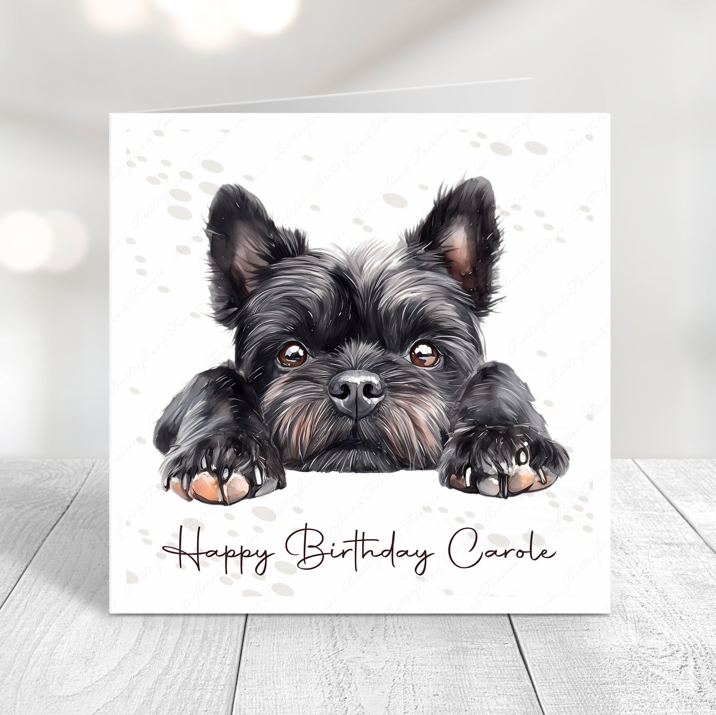 Personalised dog birthday card featuring a cute realistic affenpinscher dog illustration and “Happy Birthday Name"