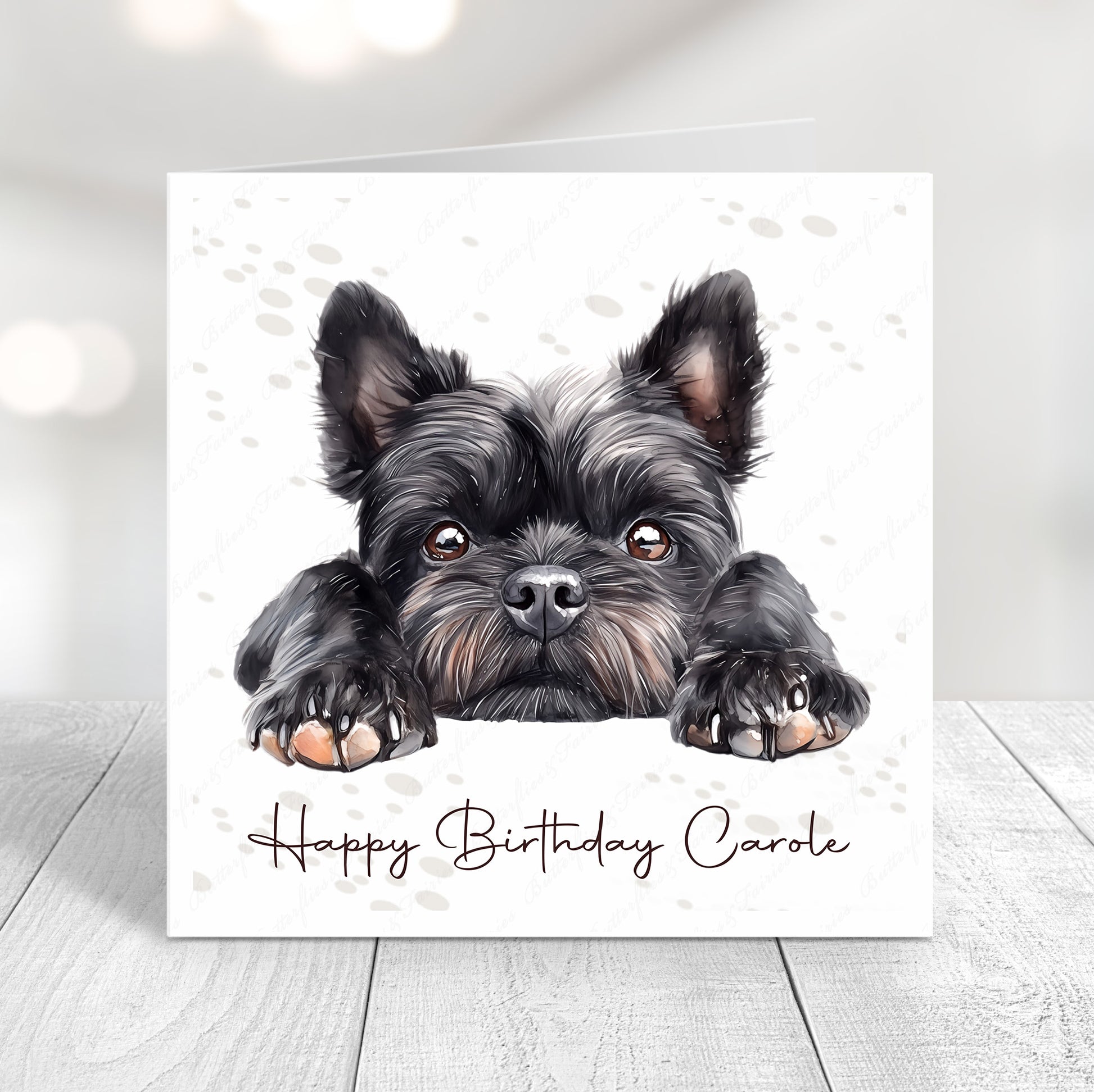 Personalised dog birthday card featuring a cute realistic affenpinscher dog illustration and “Happy Birthday Name"