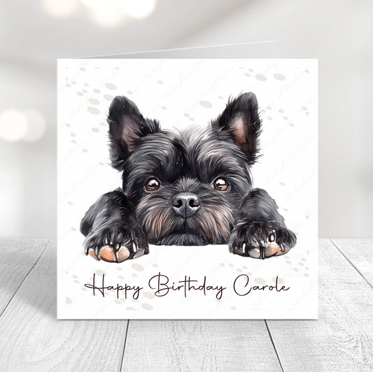 Personalised dog birthday card featuring a cute realistic affenpinscher dog illustration and “Happy Birthday Name"