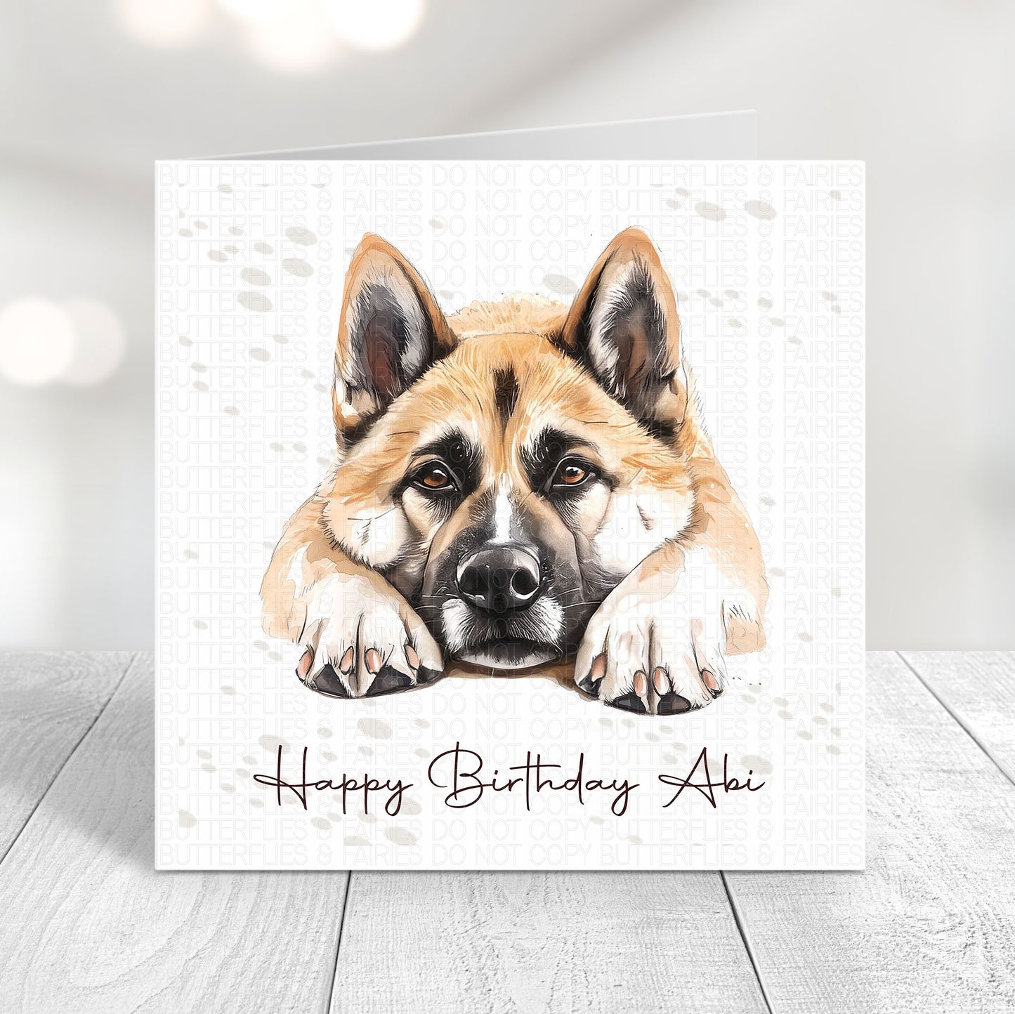 Personalised dog birthday card featuring a cute realistic akita dog illustration and “Happy Birthday Name"