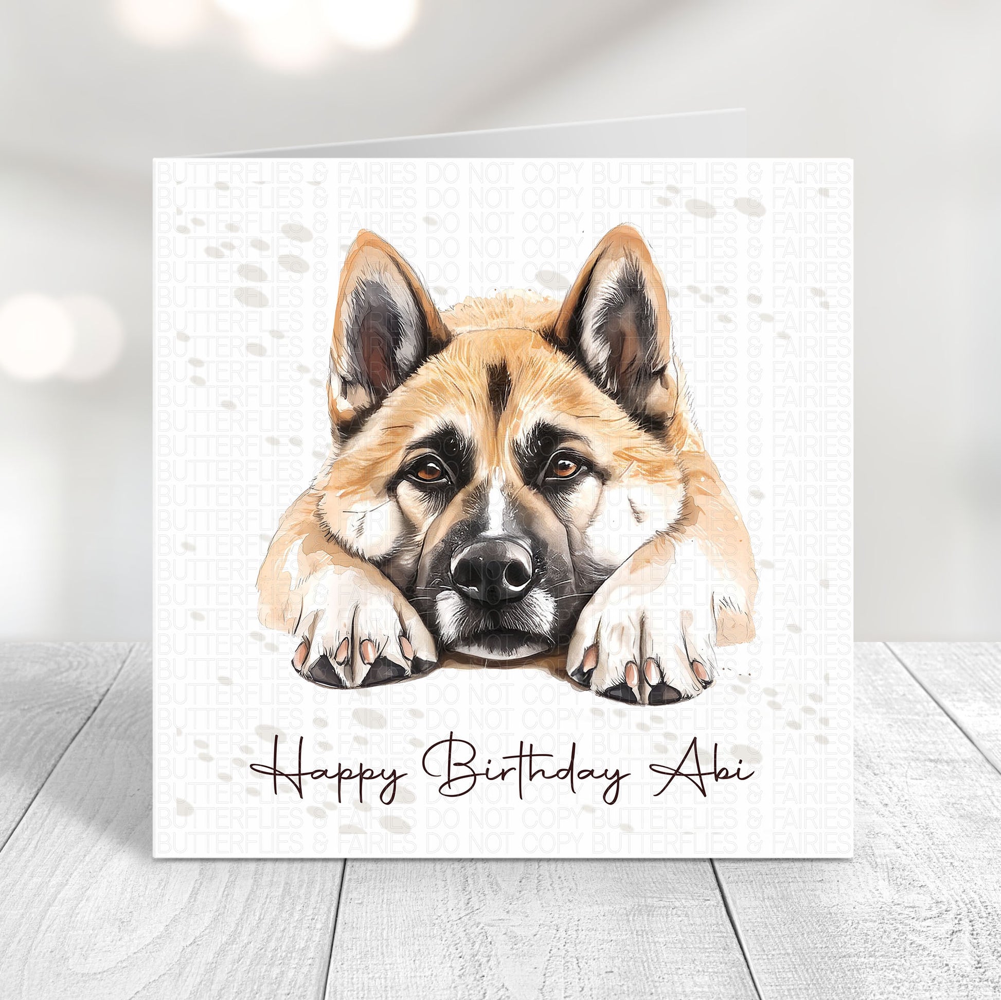 Personalised dog birthday card featuring a cute realistic akita dog illustration and “Happy Birthday Name"