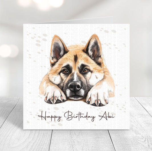 Personalised dog birthday card featuring a cute realistic akita dog illustration and “Happy Birthday Name"