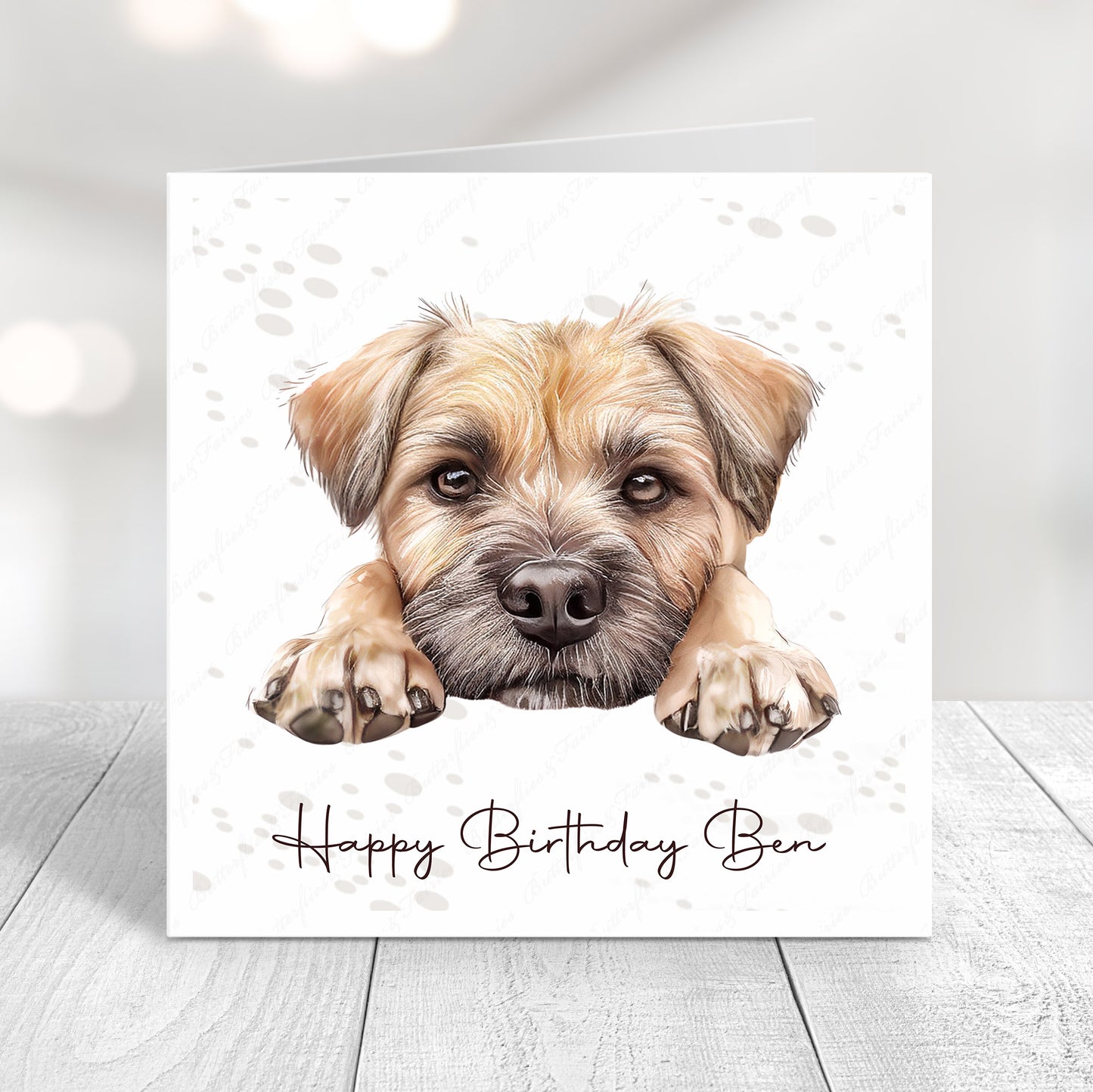 Personalised dog birthday card featuring a cute realistic border terrier dog illustration and “Happy Birthday Name"