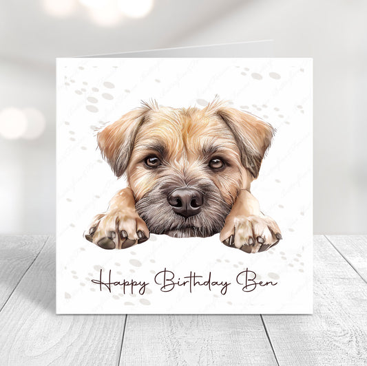 Personalised dog birthday card featuring a cute realistic border terrier dog illustration and “Happy Birthday Name"