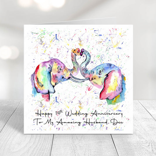  Colourful watercolour elephants forming a heart with their trunks on a 14th wedding anniversary card personalised for a wife or husband