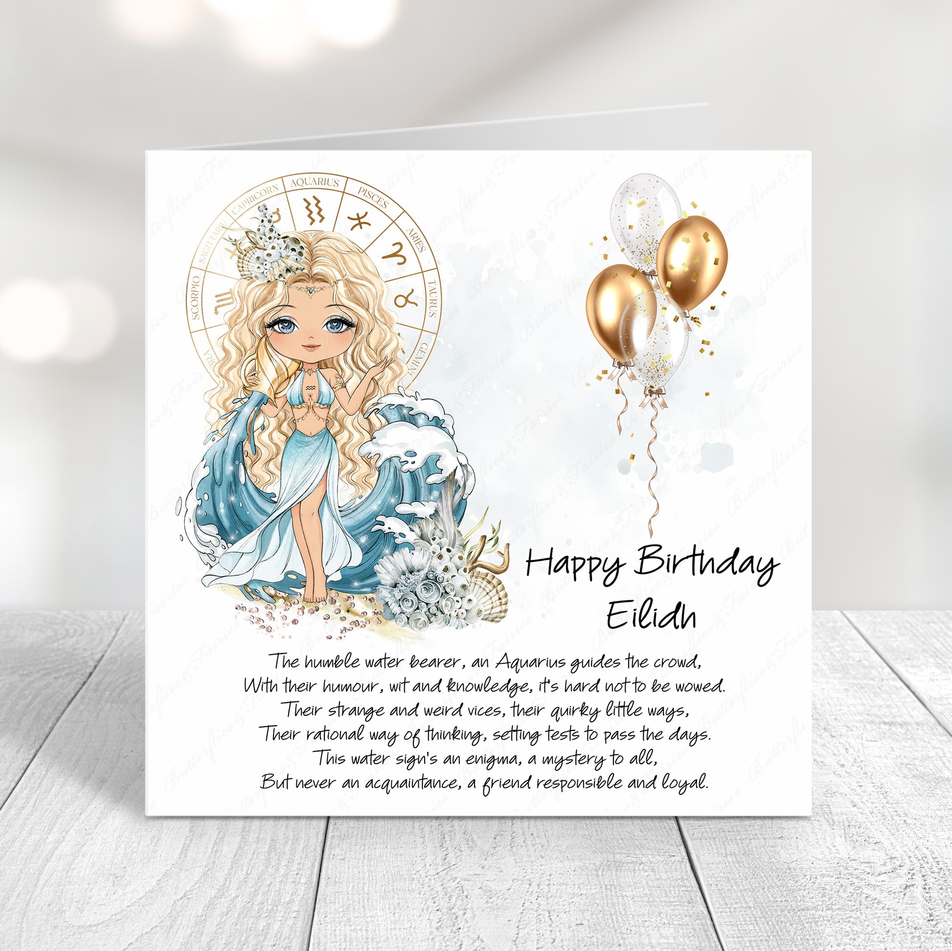 Personalised Aquarius zodiac birthday card with water bearer illustration, blue tones, and custom name on front