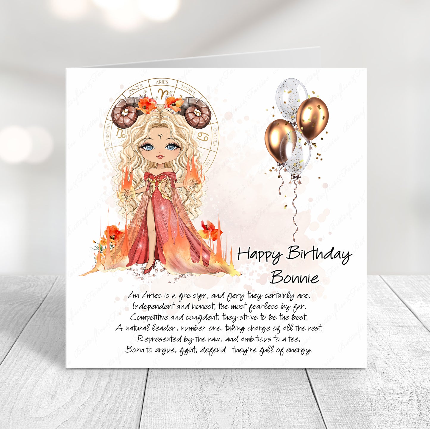 Personalised Aries zodiac birthday card with fiery illustration, astrology design, and custom name on front