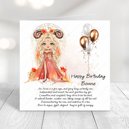 Personalised Aries zodiac birthday card with fiery illustration, astrology design, and custom name on front