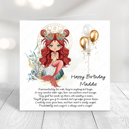 Personalised Cancer zodiac birthday card with crab illustration, ocean-inspired design, and custom name on front