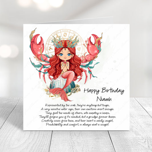 Personalised Cancer zodiac birthday card with crab illustration, ocean-inspired design, and custom name on front
