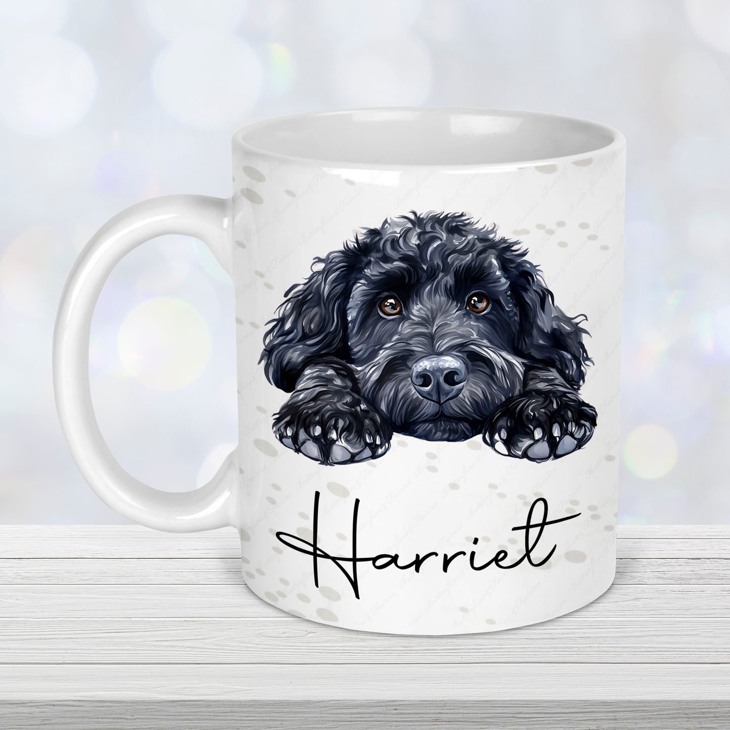 Personalised cockapoo mug with black cockapoo illustration and custom name
