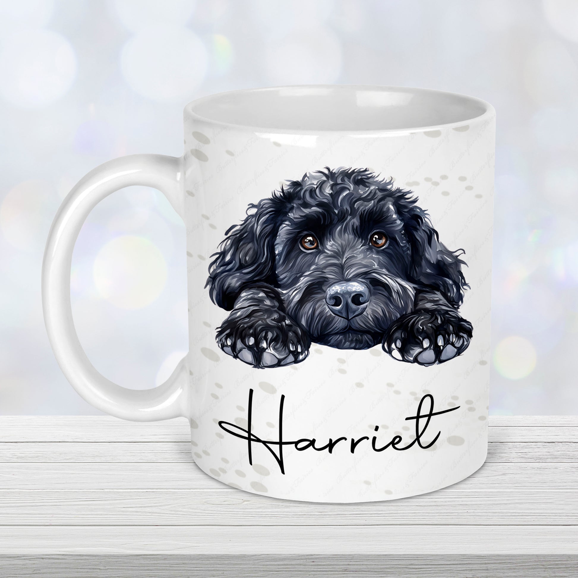 Personalised cockapoo mug with black cockapoo illustration and custom name

