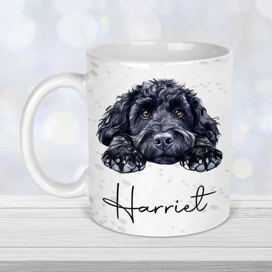 Personalised cockapoo mug with black cockapoo illustration and custom name
