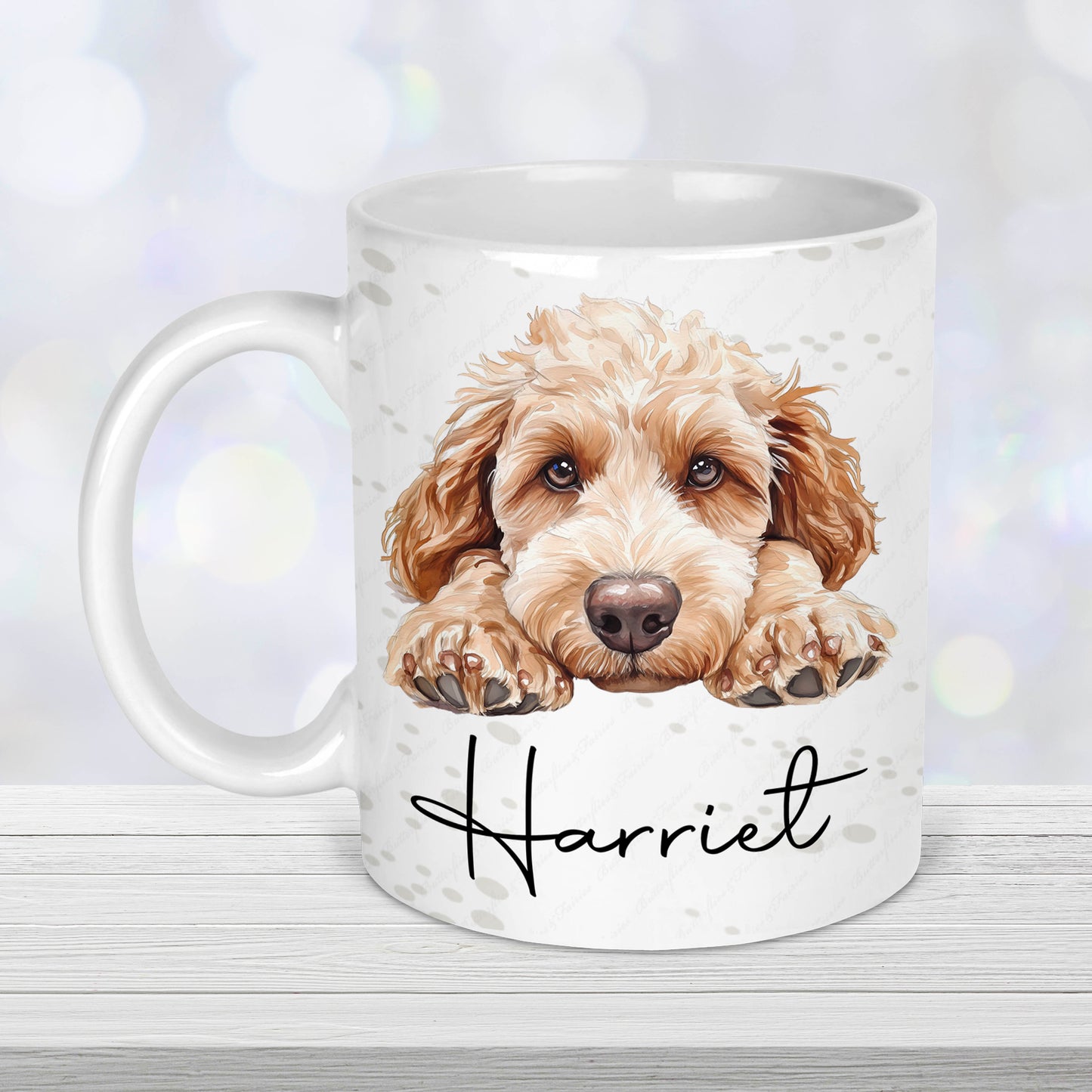 Personalised cockapoo mug with cream blonde cockapoo illustration and custom name