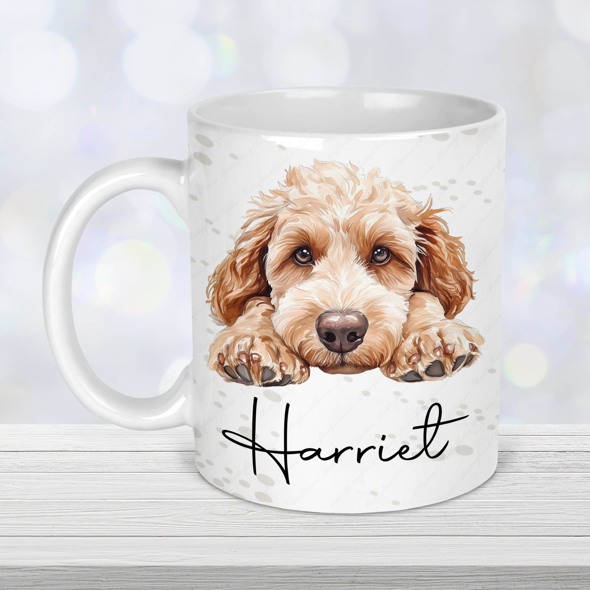 Personalised cockapoo mug with cream blonde cockapoo illustration and custom name