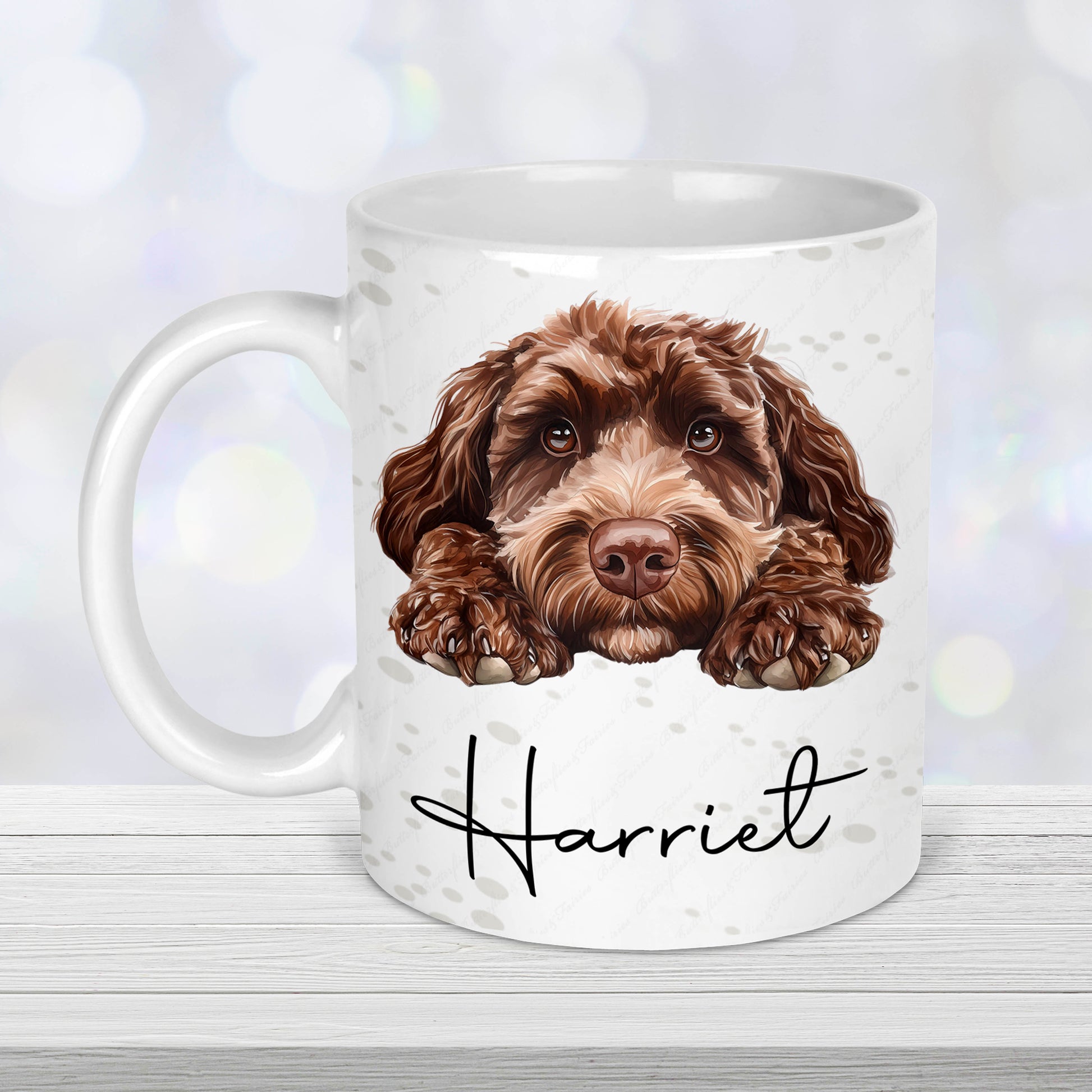 Personalised cockapoo mug with brown cockapoo illustration and custom name