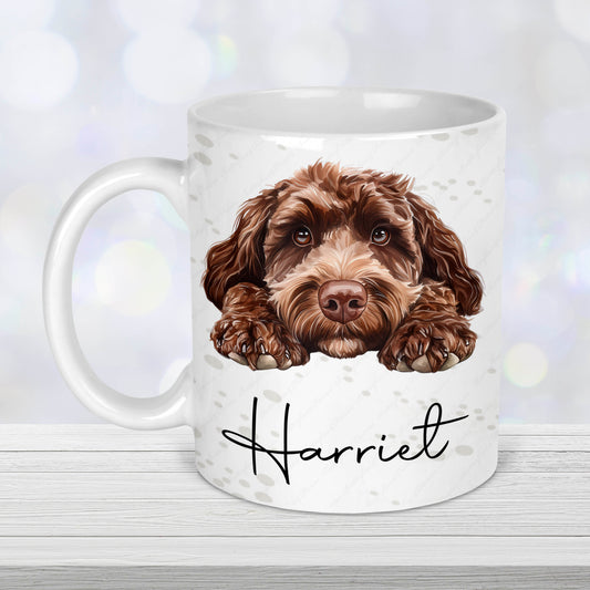 Personalised cockapoo mug with brown cockapoo illustration and custom name