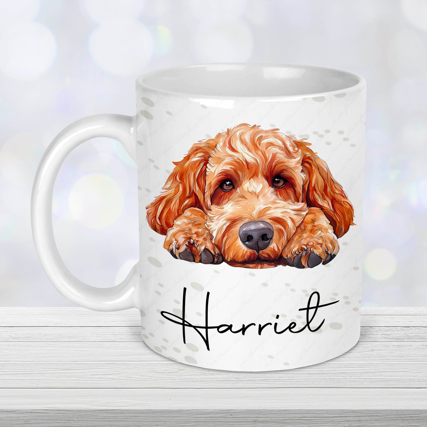 Personalised cockapoo mug with red cockapoo illustration and custom name