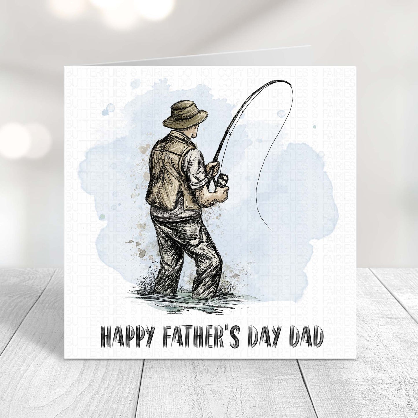 Personalised fishing Father’s Day card featuring a fisherman holding a fishing rod with the words Happy Father’s Day Dad.