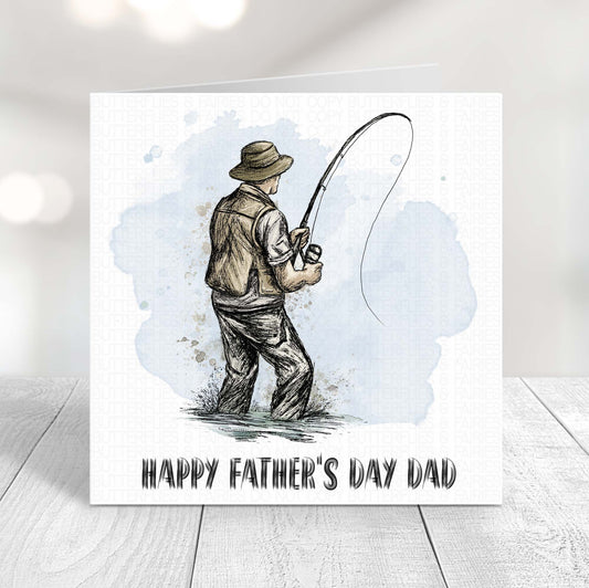 Personalised fishing Father’s Day card featuring a fisherman holding a fishing rod with the words Happy Father’s Day Dad.