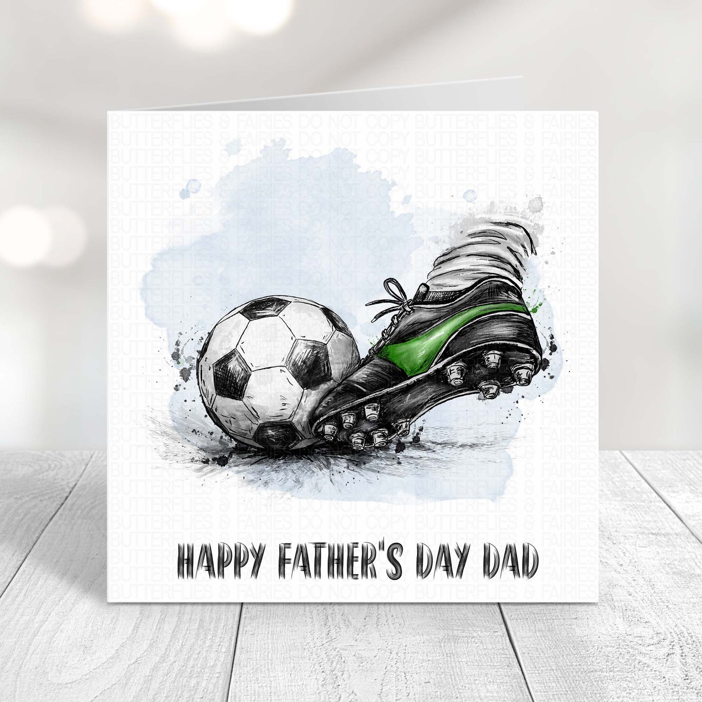Father's Day card with green accented football boot and ball illustration on a light background
