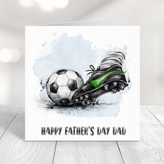 Father's Day card with green accented football boot and ball illustration on a light background