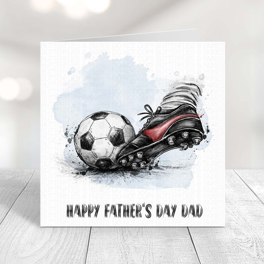 Father's Day card with a football boot with red accents  kicking a ball