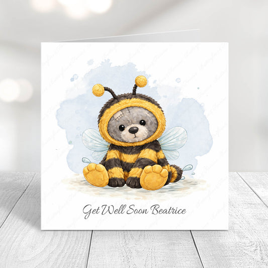 Personalised get well soon card with teddy bear dressed in a bee costume, cute watercolour design