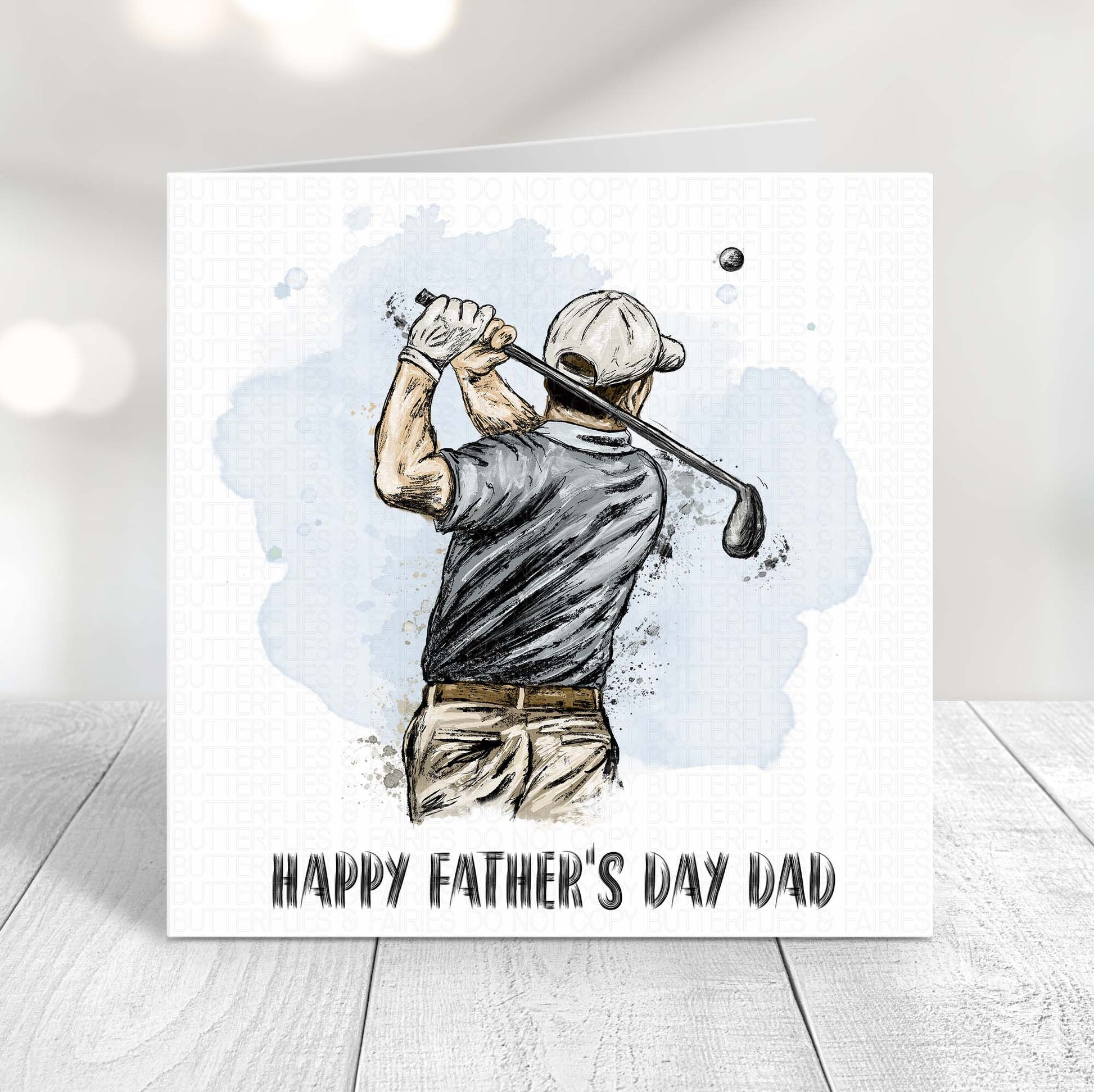 Personalised golf Father’s Day card for Dad featuring an illustrated golfer swinging a golf club with Happy Father’s Day Dad text.