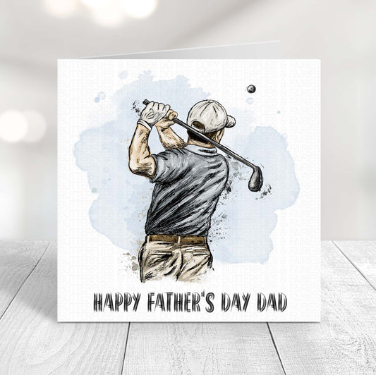 Personalised golf Father’s Day card for Dad featuring an illustrated golfer swinging a golf club with Happy Father’s Day Dad text.
