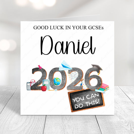 Personalised Good Luck in Your GCSEs 2026 card with chalkboard style numbers and school themed illustrations