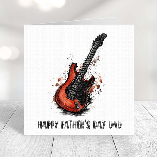 Personalised guitar Father’s Day card with red electric guitar design for a music loving dad.