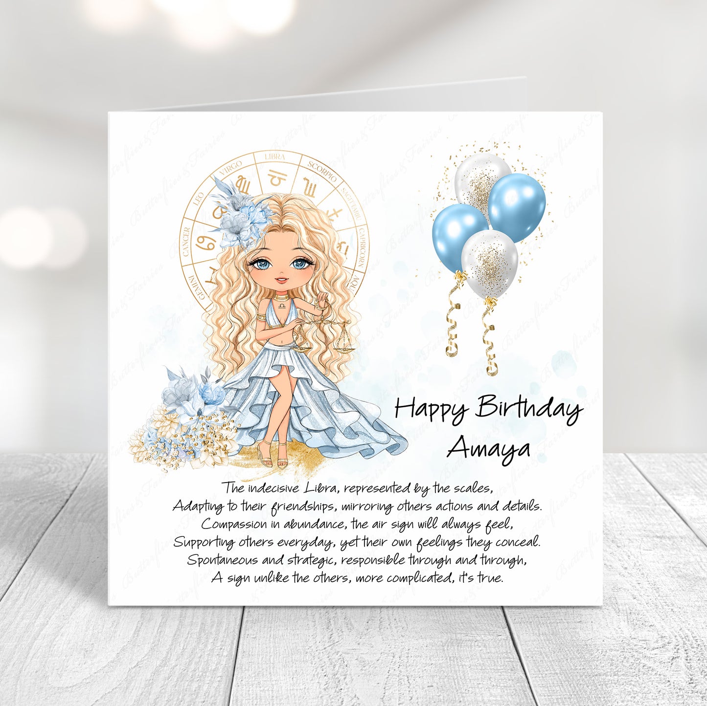 Personalised Libra zodiac birthday card with scales illustration, soft blue tones, and custom name on front