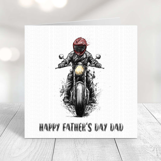Personalised motorbike Father’s Day card for Dad featuring a motorcycle rider with red helmet.