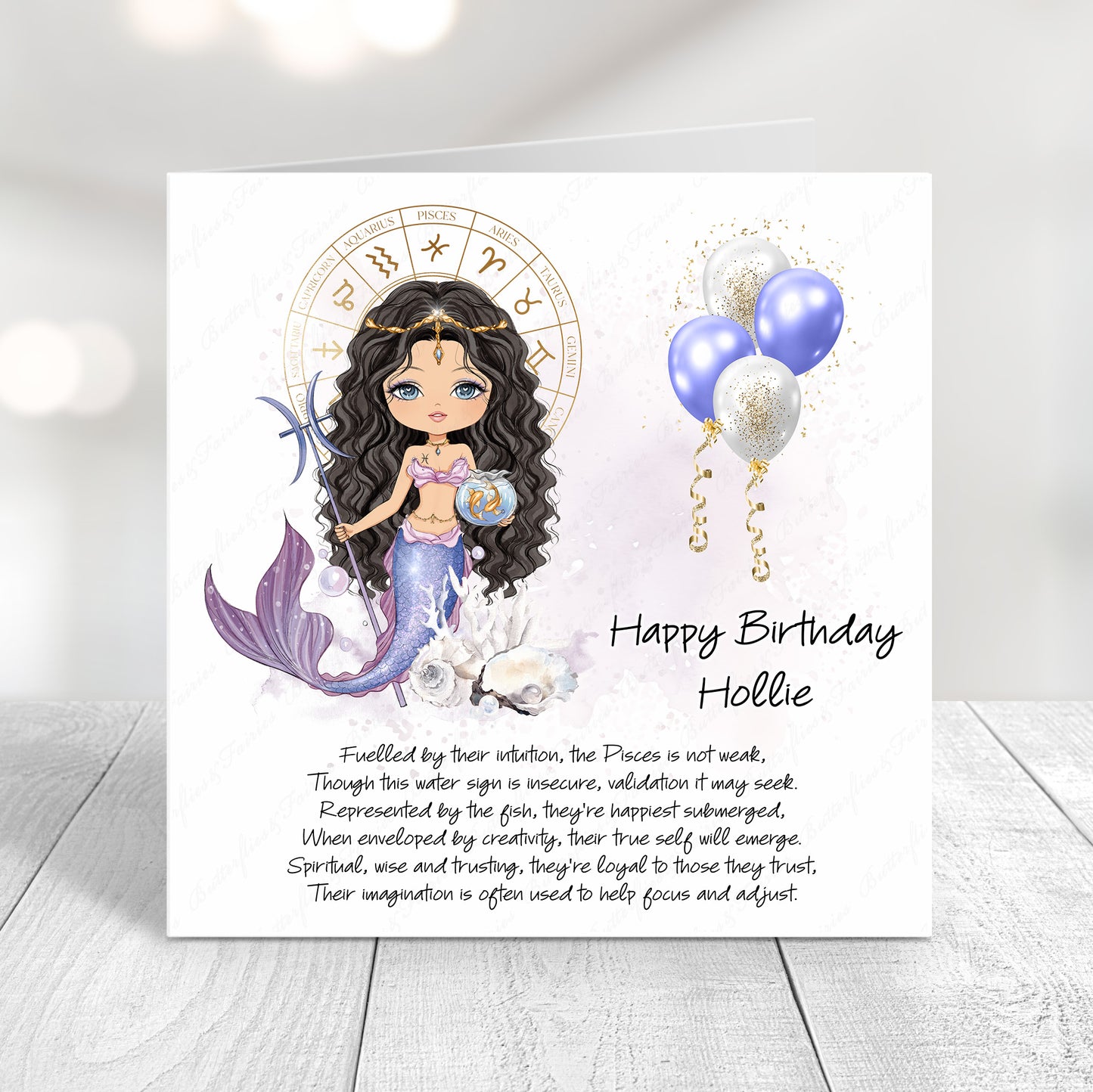 Personalised Pisces zodiac birthday card with mermaid illustration, ocean theme, and custom name on front