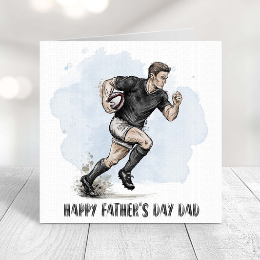 Rugby Father’s Day card featuring a running rugby player illustration in a black kit with Happy Father’s Day Dad text