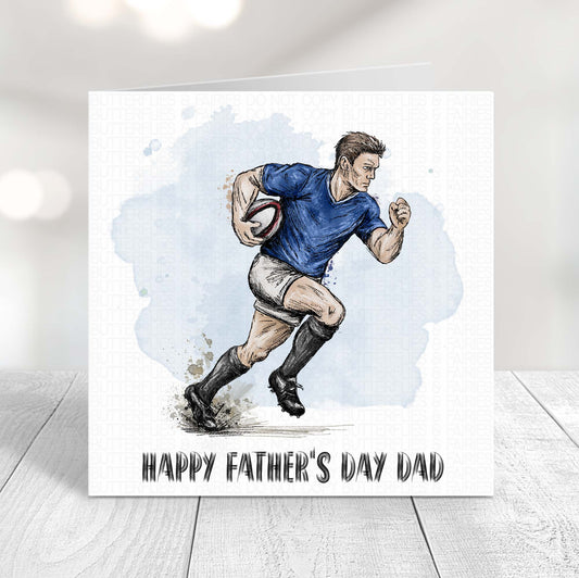 Rugby Father’s Day card featuring a running rugby player illustration in a blue kit with Happy Father’s Day Dad text