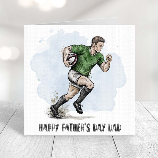 Rugby Father’s Day card featuring a running rugby player illustration in a green kit with Happy Father’s Day Dad text