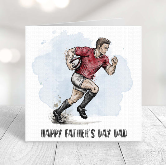 Rugby Father’s Day card featuring a running rugby player illustration in a red kit with Happy Father’s Day Dad text