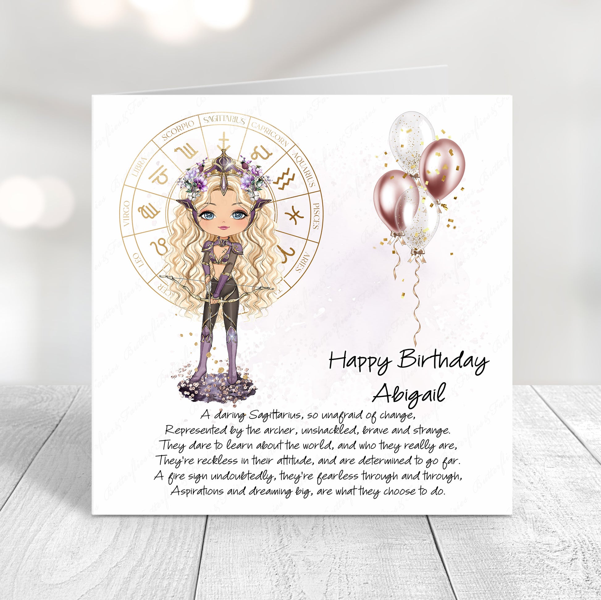 Personalised Sagittarius zodiac birthday card with archer centaur illustration, gold tones, and custom name on front