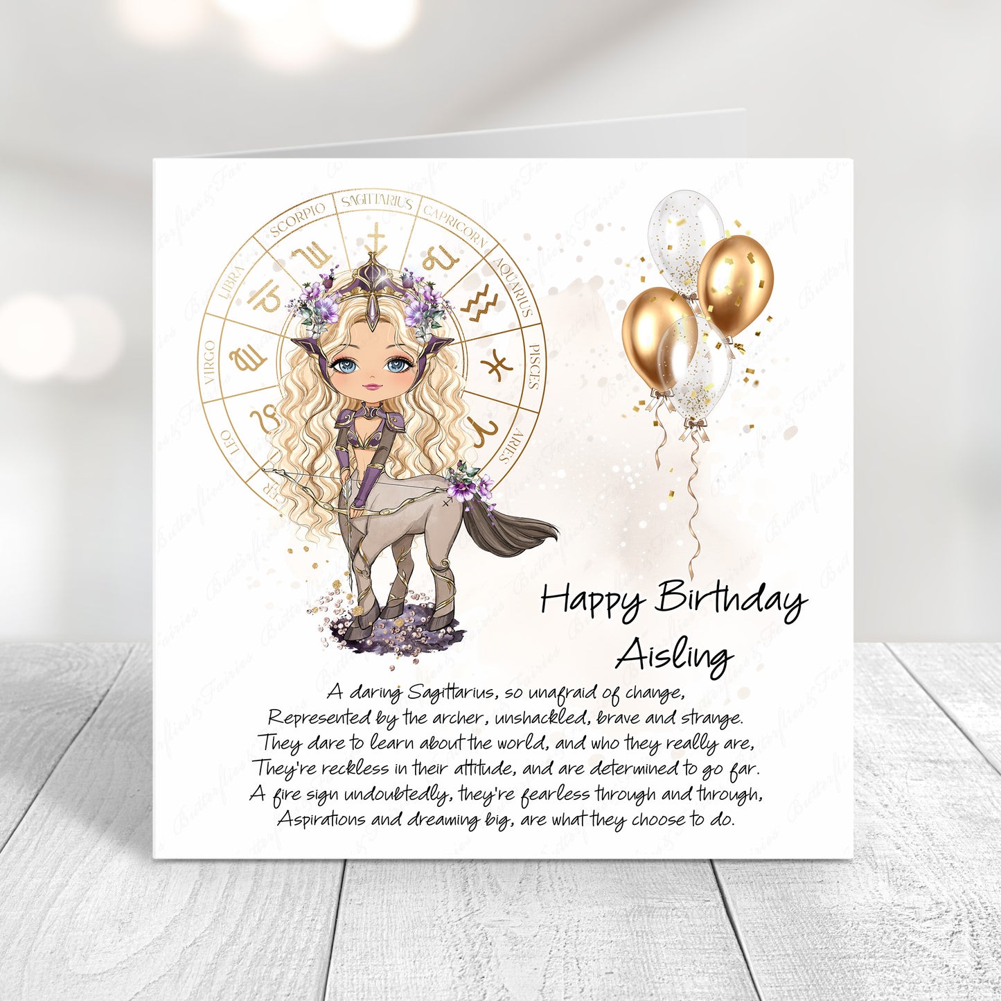 Personalised Sagittarius zodiac birthday card with archer centaur illustration, gold tones, and custom name on front