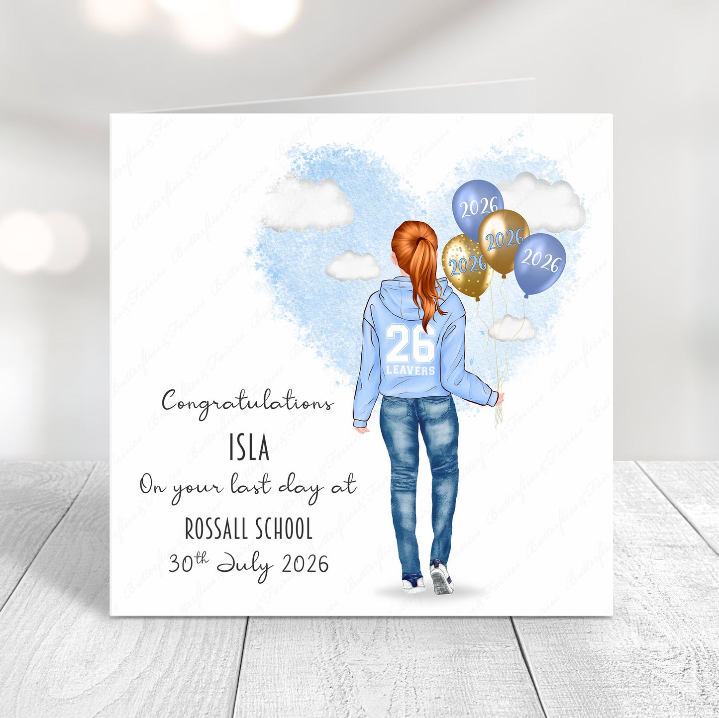 Personalised School Leaver Card 2026 – Girl with Baby Blue Leavers Hoodie | Last Day of School Card