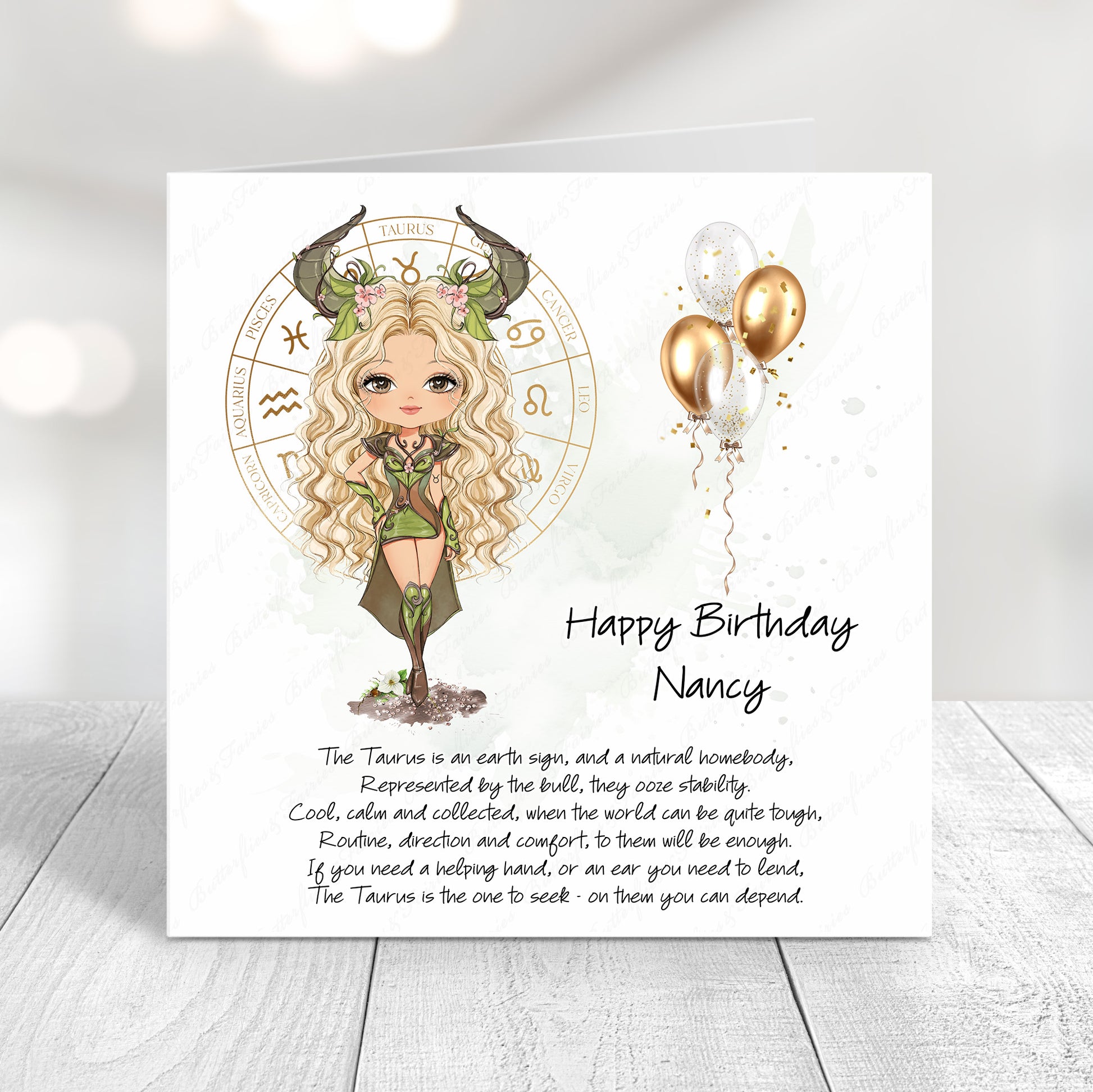 Personalised Taurus zodiac birthday card with bull-inspired illustration, green tones, and custom name on front