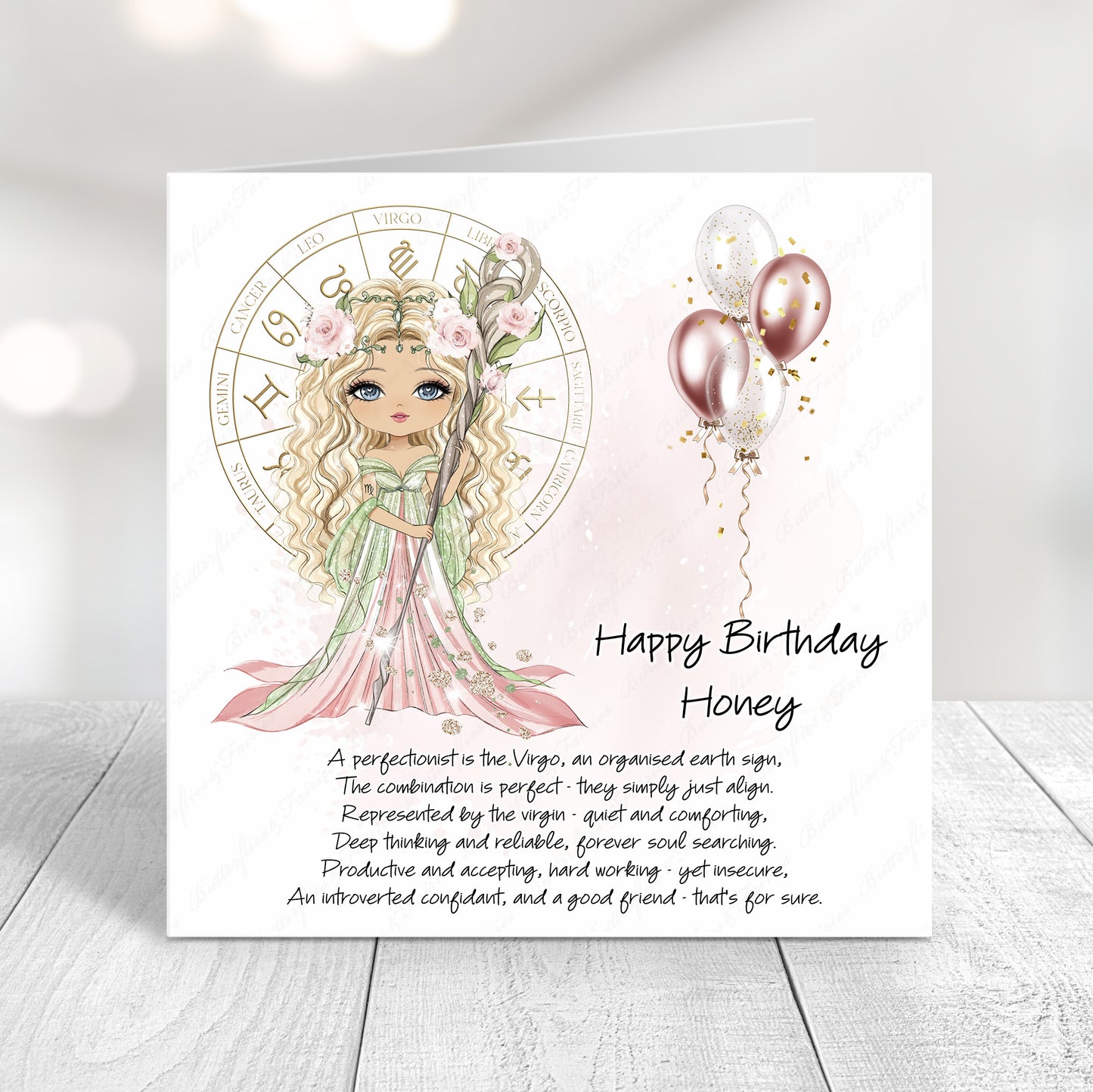 Personalised Virgo zodiac birthday card with floral illustration, pastel tones, and custom name on front